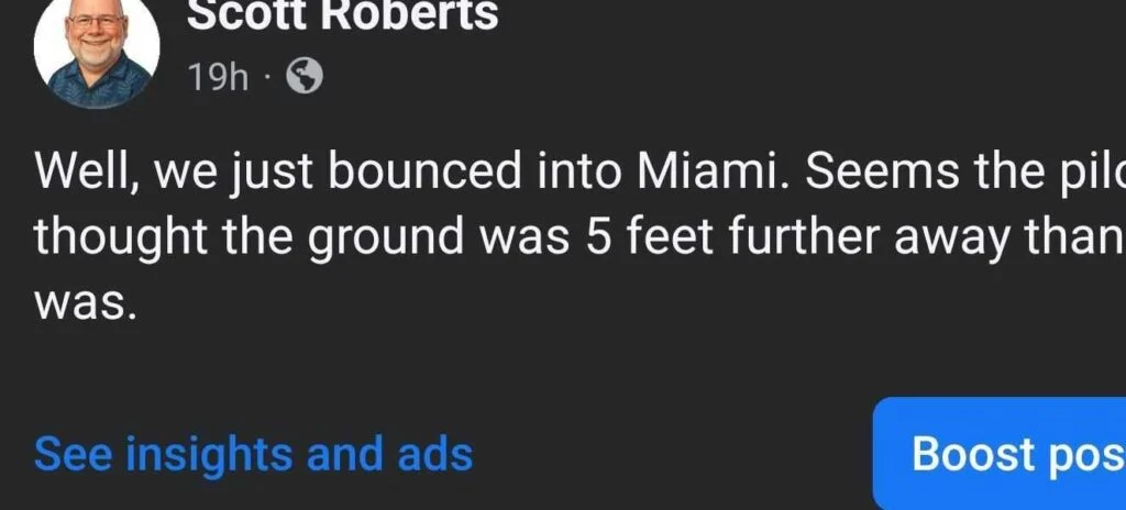 Post about landing in Miami after bounce.