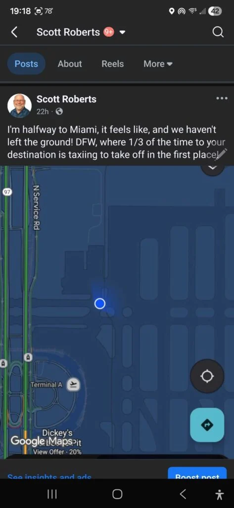 Map view of DFW Airport with flight details.